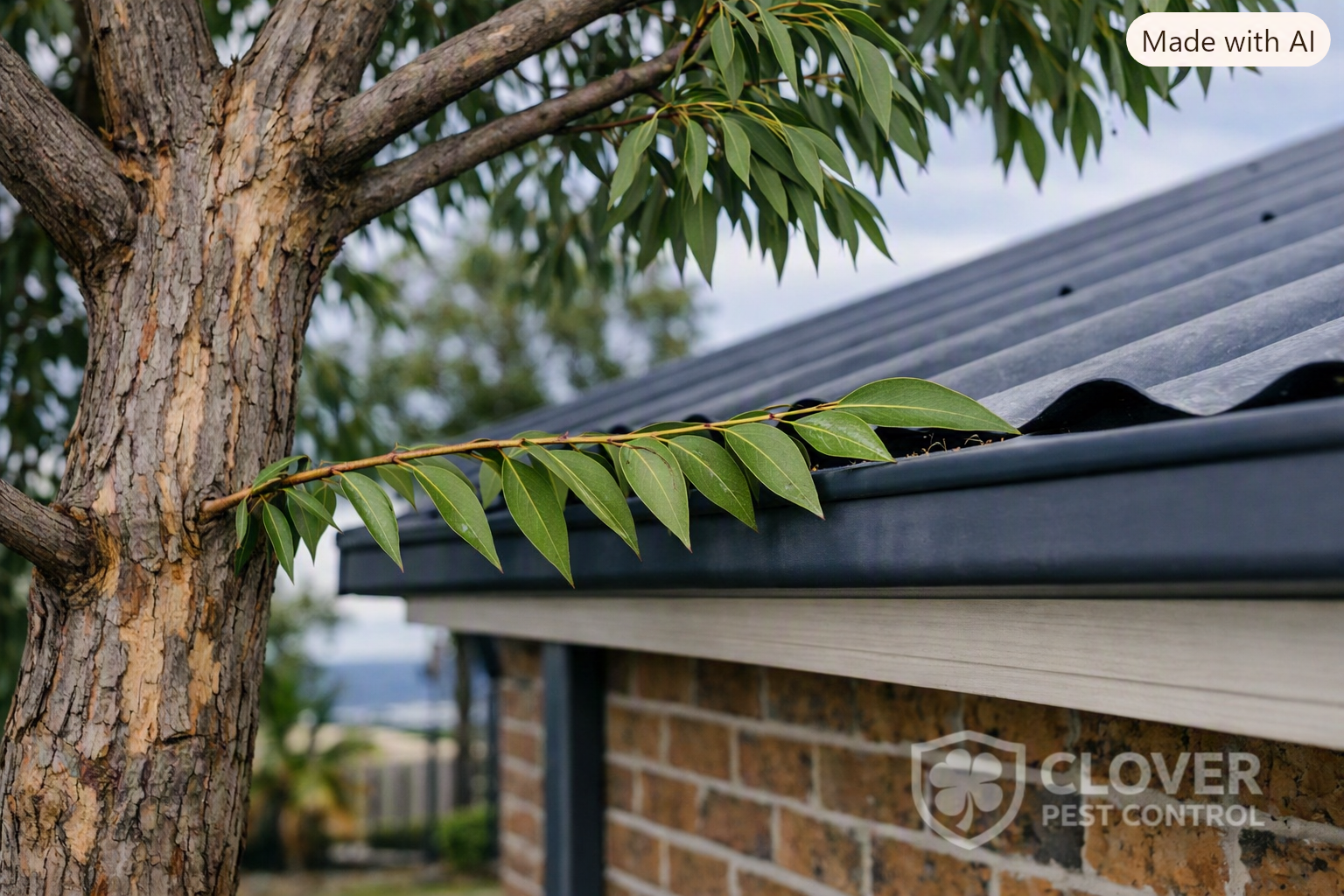 Tree branch touching roof gutter Sunshine Coast home - termite and ant entry risk